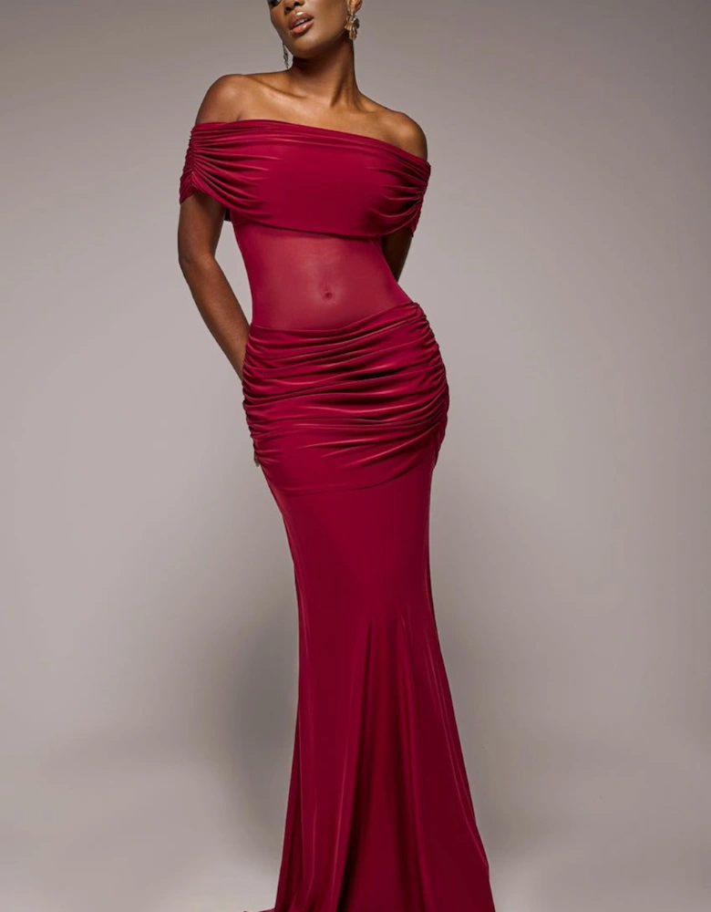 Gathered Off The Shoulder Mesh Waist Panel Maxi Dress