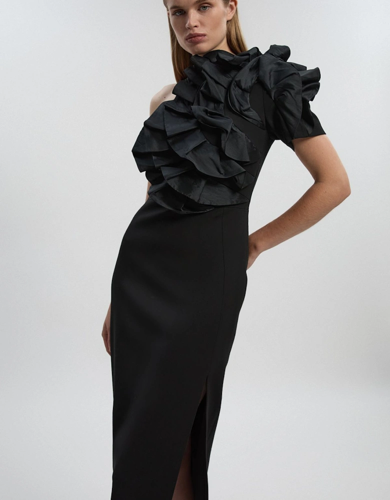 Compact Stretch Taffeta Ruffle One Shoulder Midi Dress