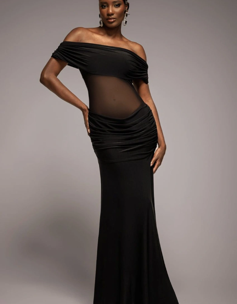 Gathered Off The Shoulder Mesh Waist Panel Maxi Dress