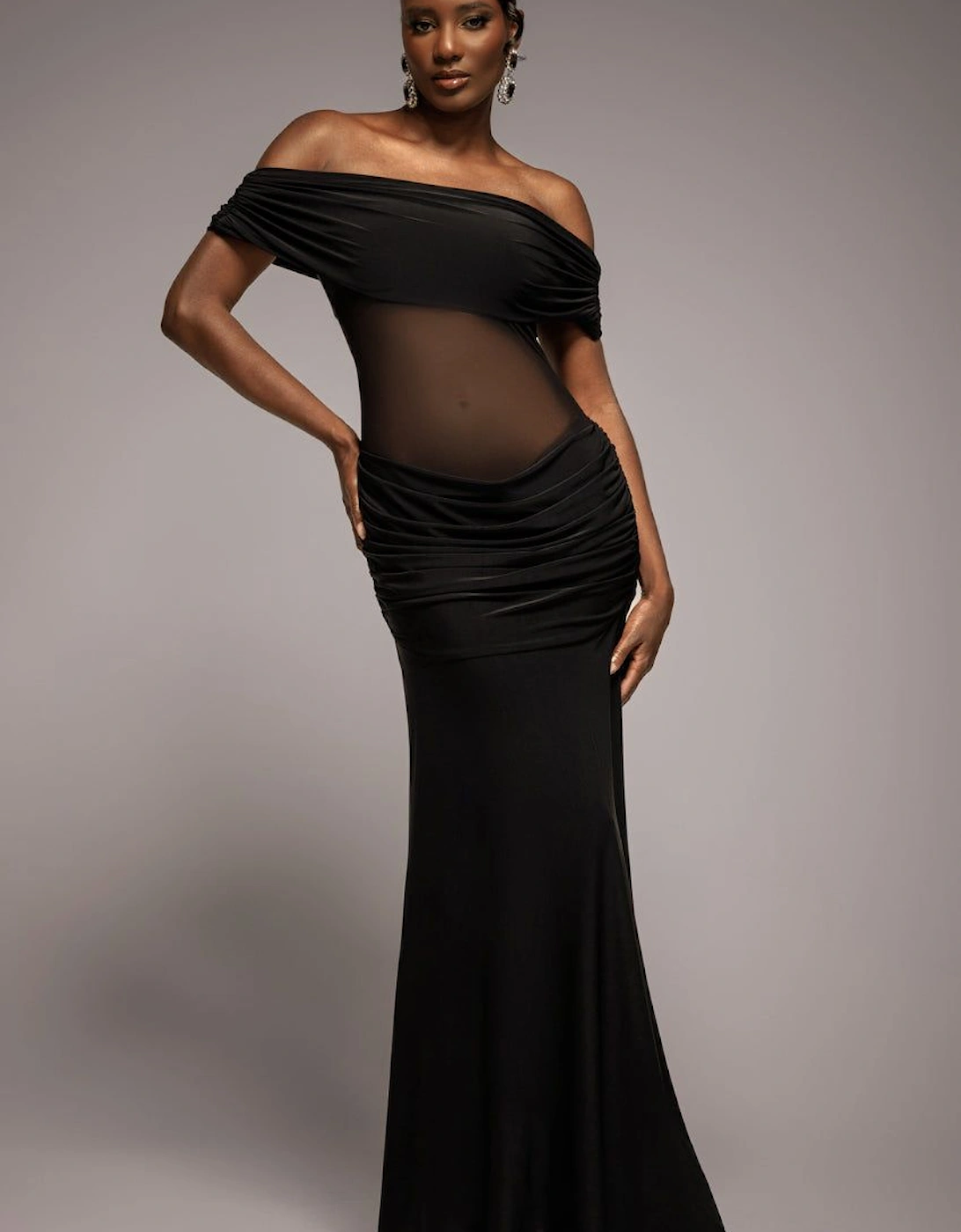 Gathered Off The Shoulder Mesh Waist Panel Maxi Dress, 2 of 1