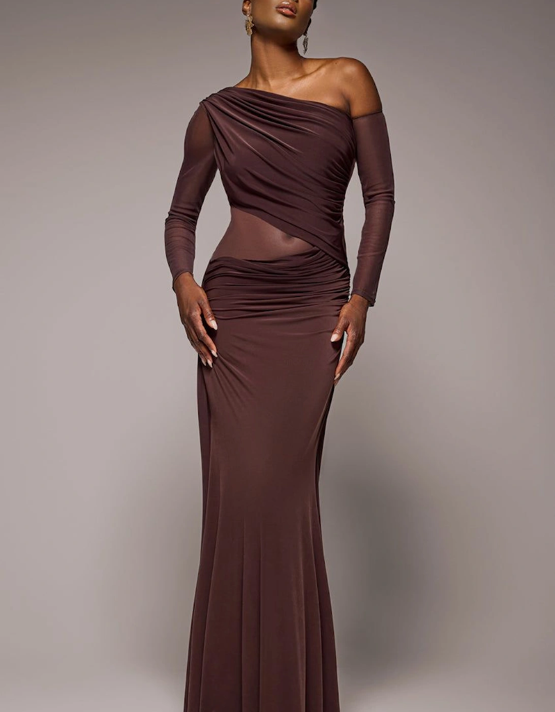 Gathered Cowl Asymmetric Mesh And Soft Touch Maxi Dress, 2 of 1