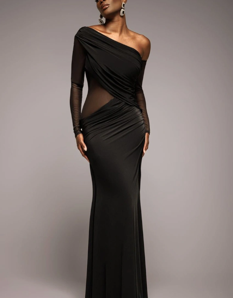 Gathered Cowl Asymmetric Mesh And Soft Touch Maxi Dress