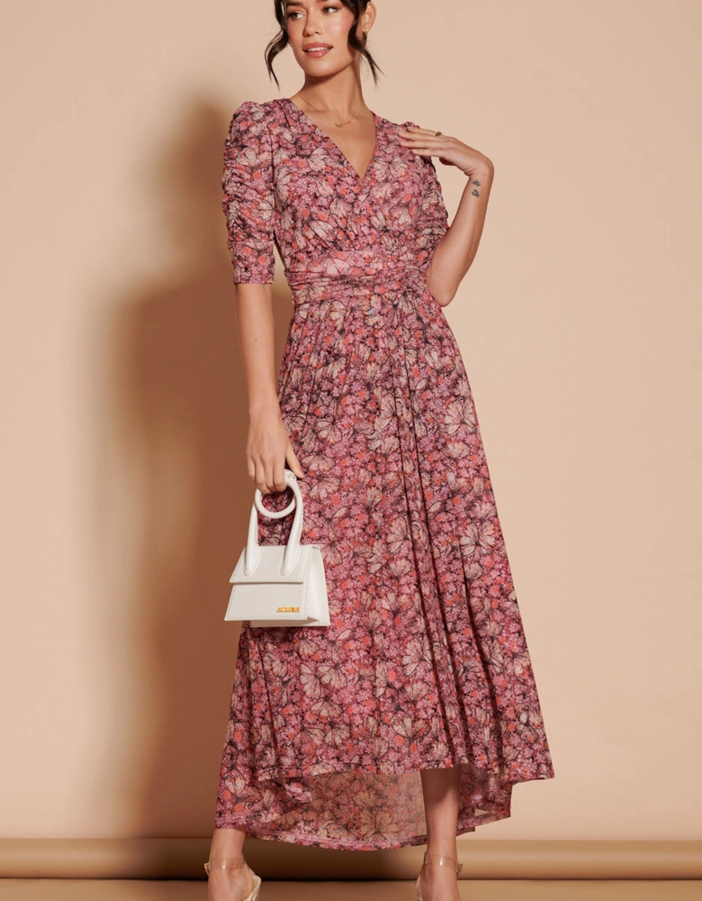 Dasha Ruched Sleeved Mesh Maxi Dress