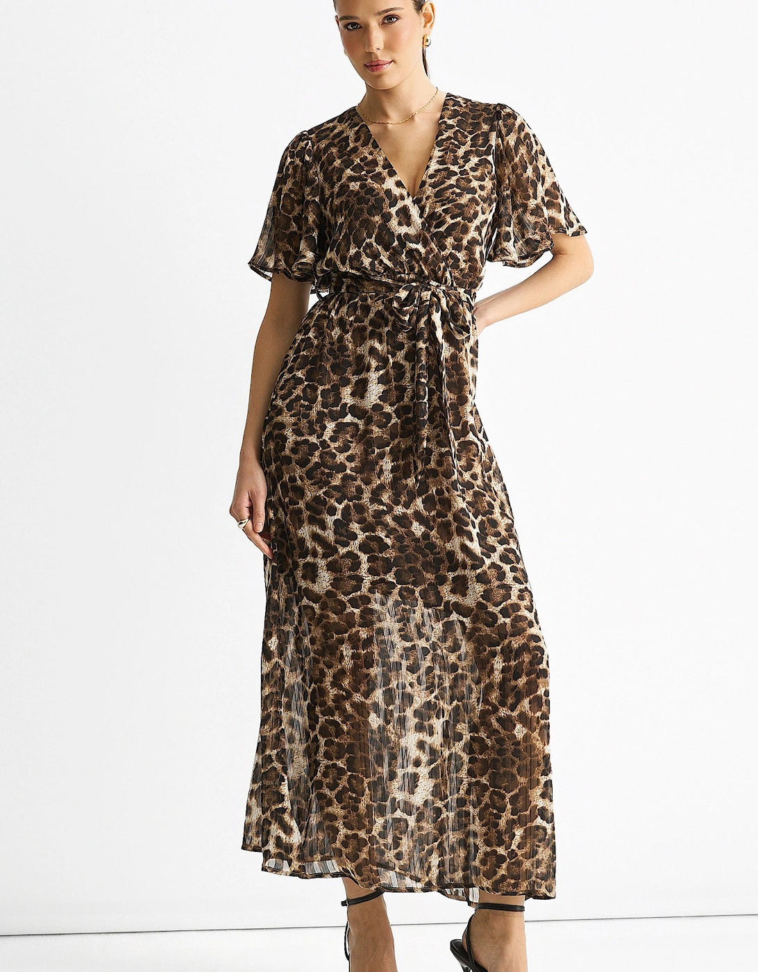 Brown Chiffon Animal Lurex Stripe Wrap Midi Dress, 2 of 1