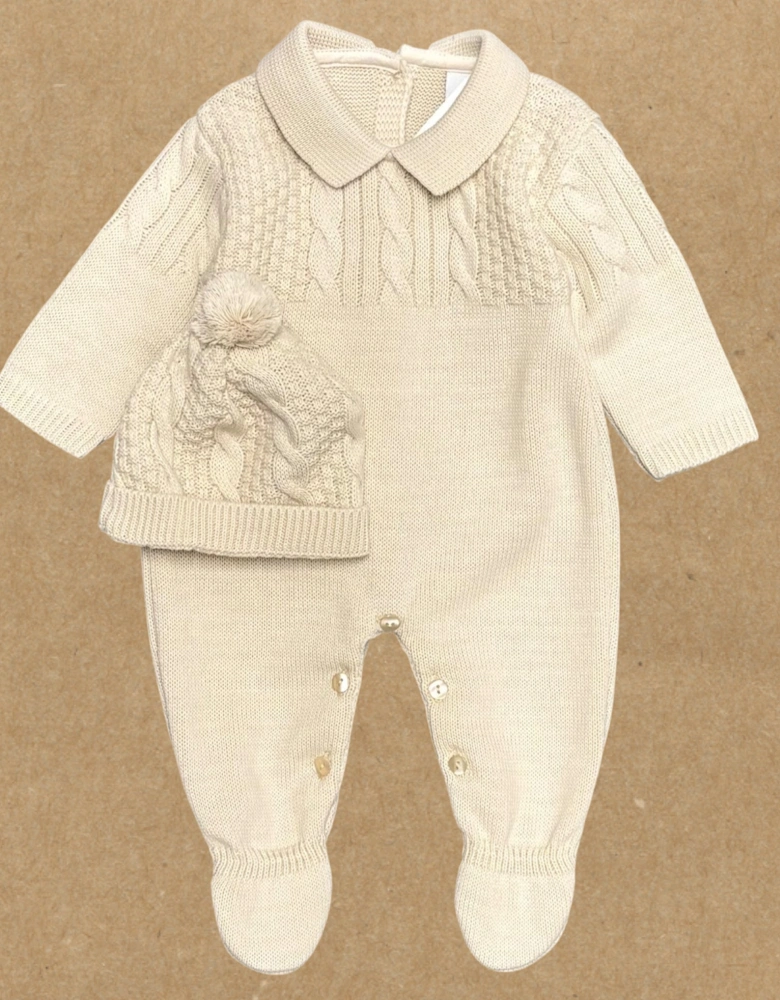 Boys Beige Knit Babygrow and Hat