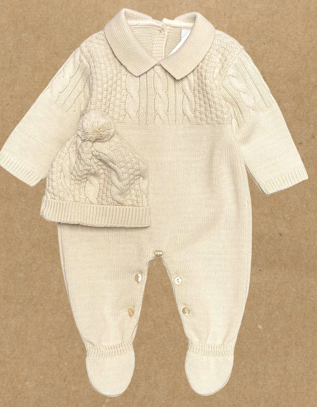 Boys Beige Knit Babygrow and Hat, 2 of 1