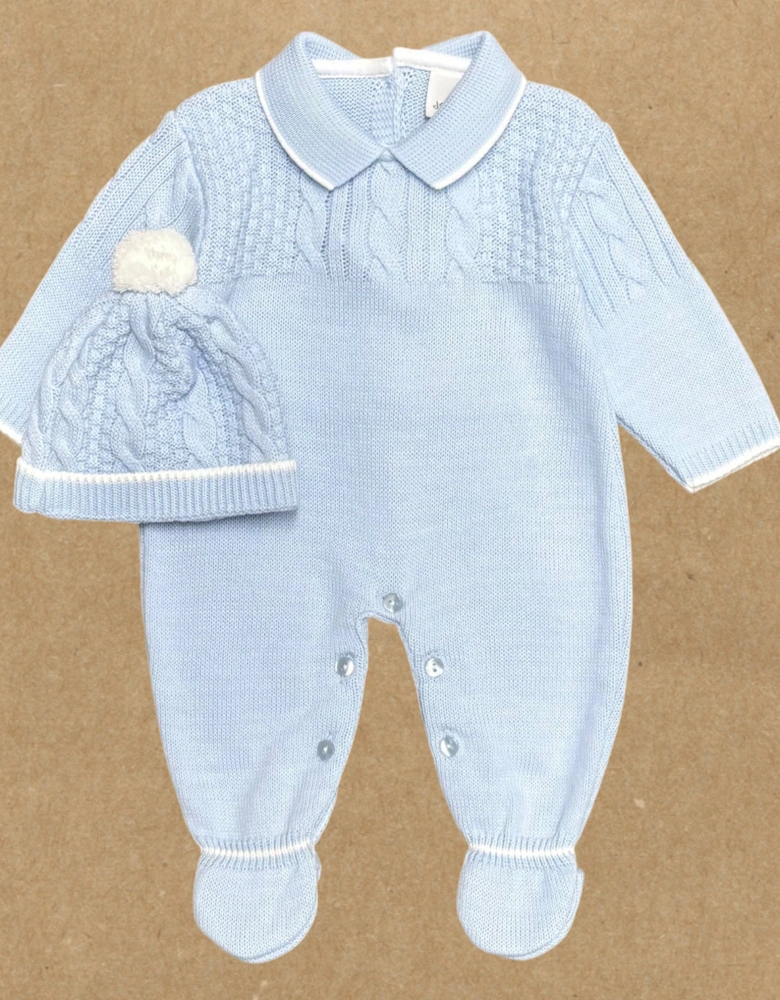 Boys Pale Blue Knit Babygrow and Hat