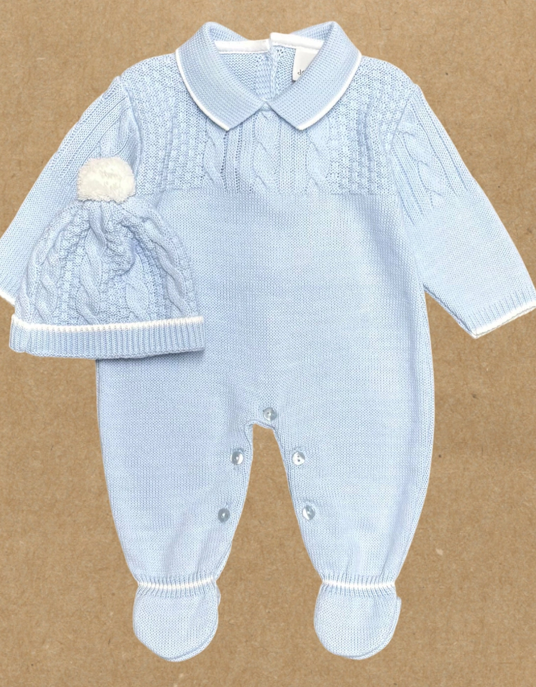 Boys Pale Blue Knit Babygrow and Hat, 2 of 1