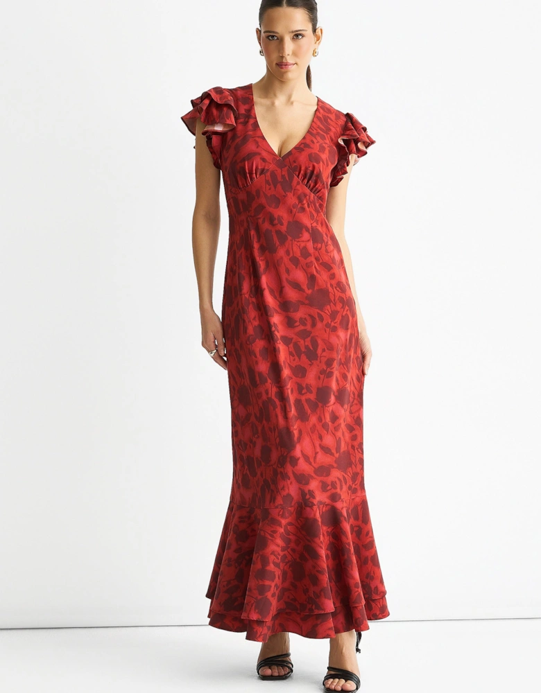 Red Blur Floral Print Ruffle Maxi Dress
