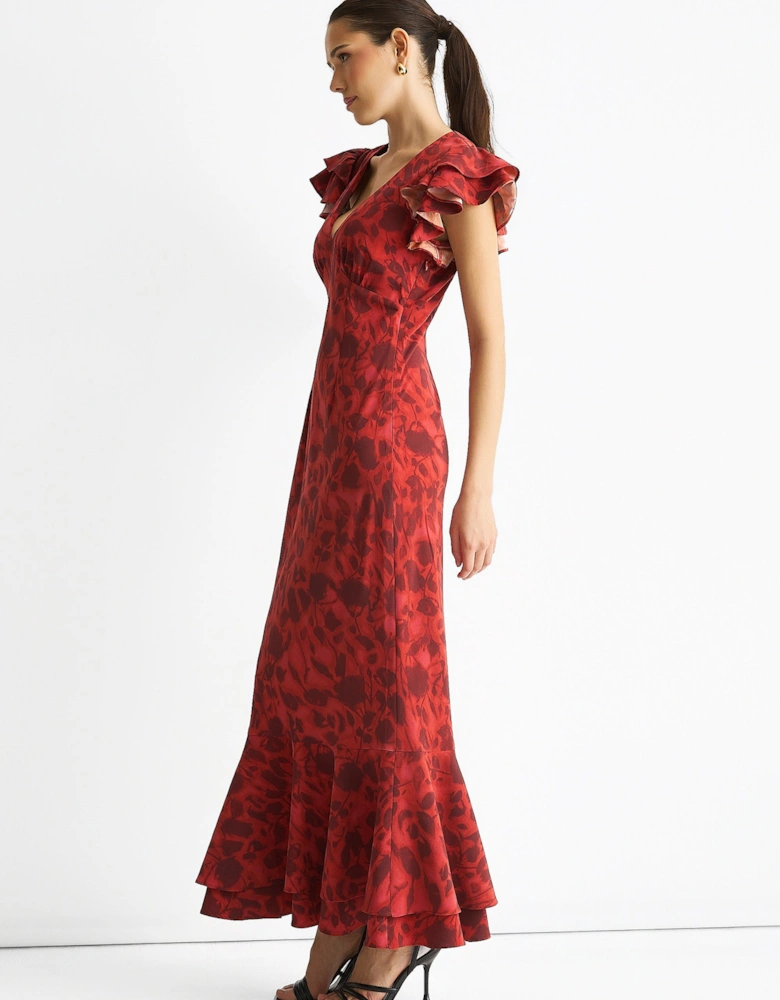 Red Blur Floral Print Ruffle Maxi Dress