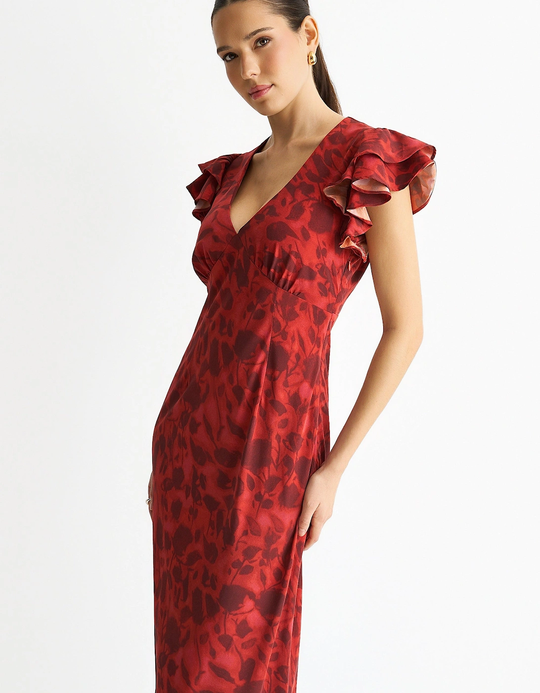 Red Blur Floral Print Ruffle Maxi Dress