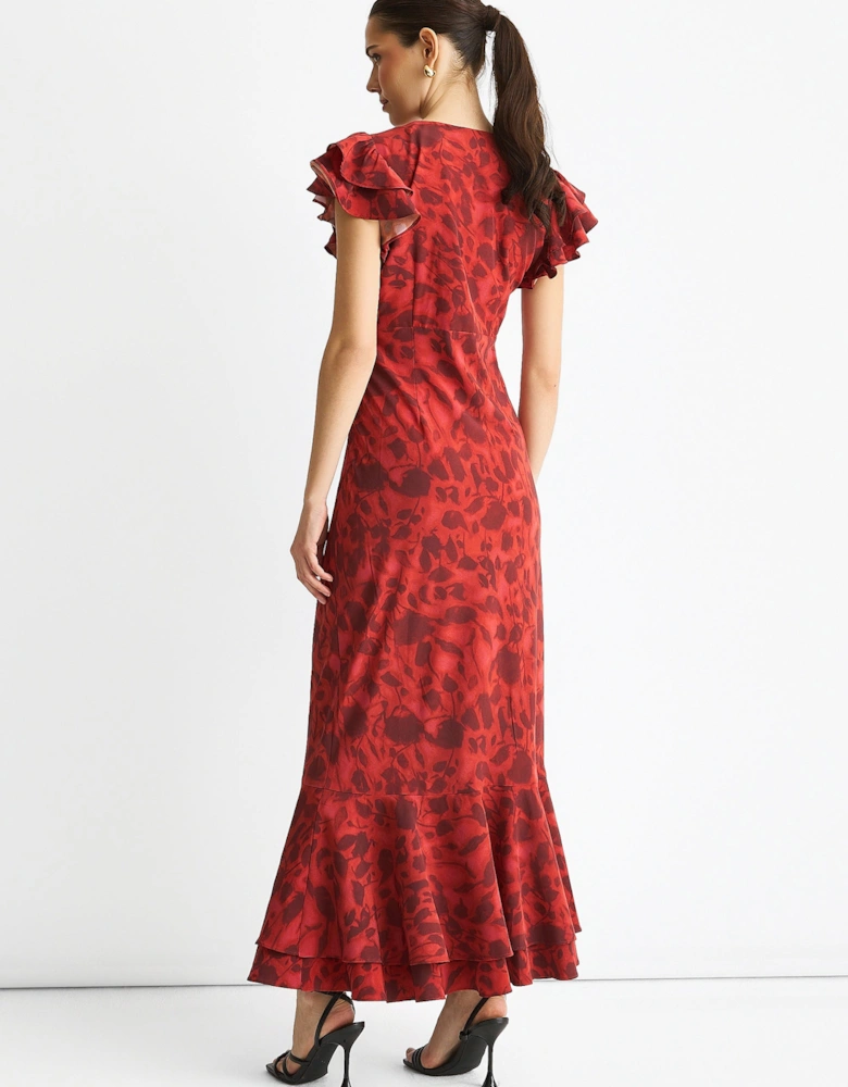 Red Blur Floral Print Ruffle Maxi Dress