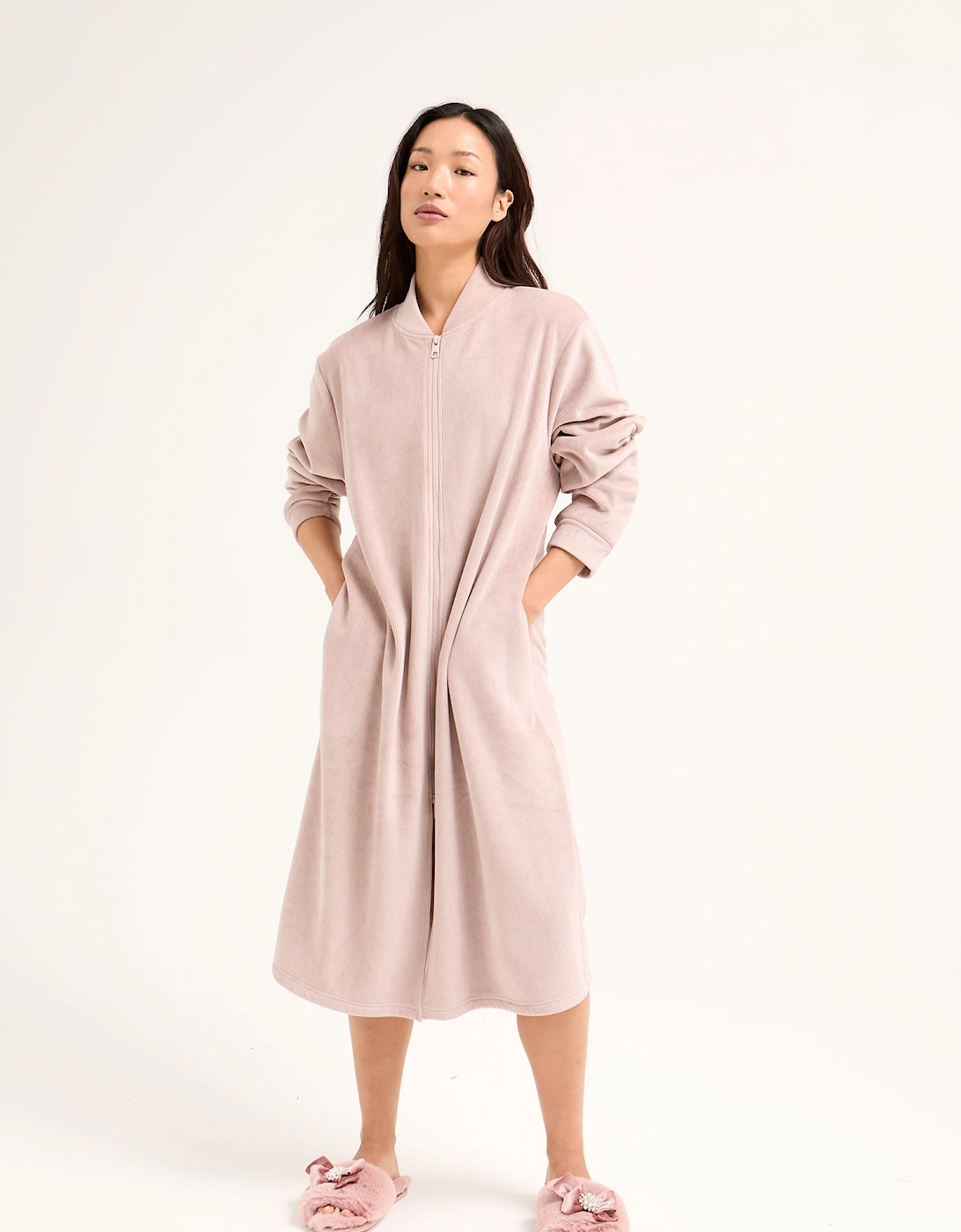 Ribbed Zip Front Housecoat in Mink