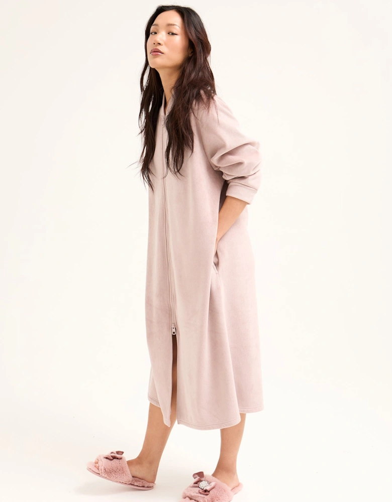 Ribbed Zip Front Housecoat in Mink