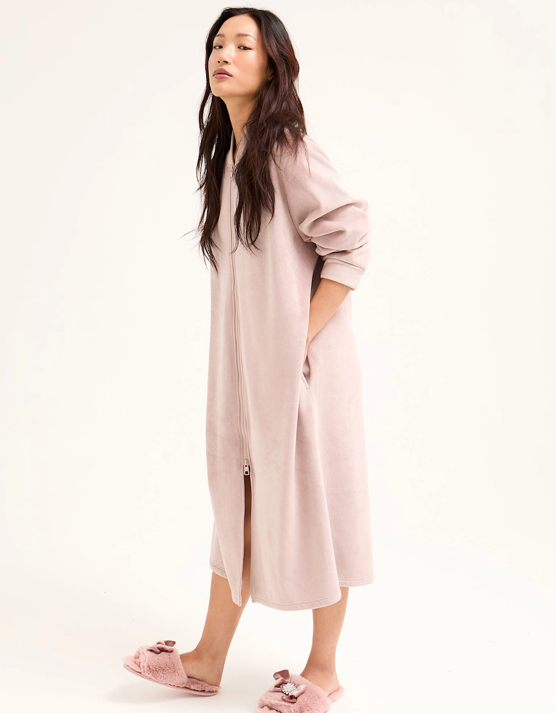 Ribbed Zip Front Housecoat in Mink, 8 of 7