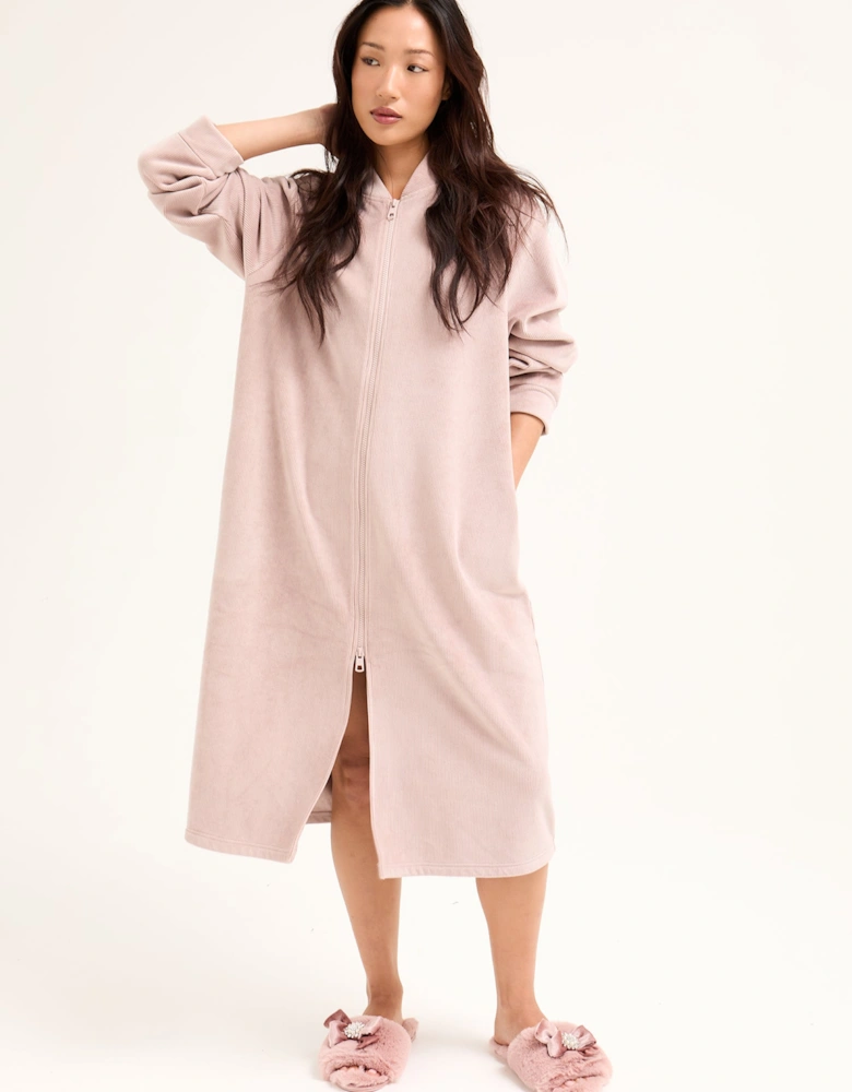 Ribbed Zip Front Housecoat in Mink
