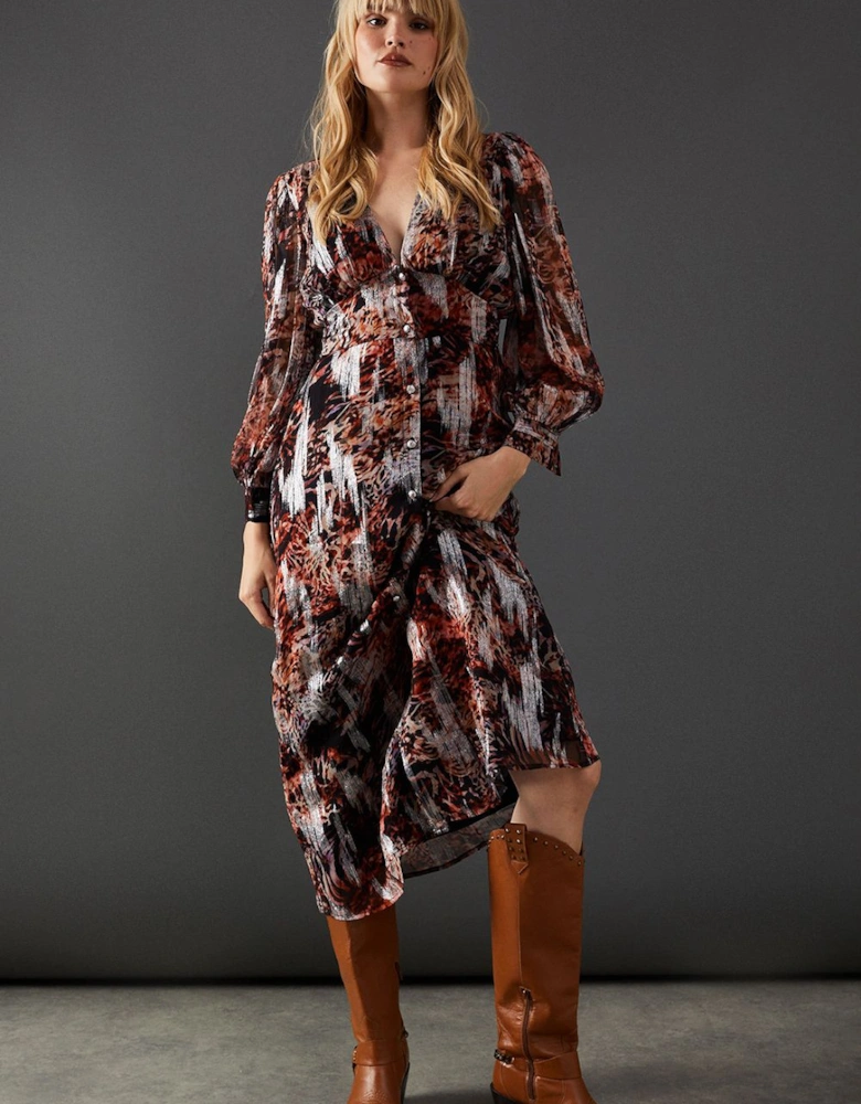 Metallic Jacquard Plunge Neck Button Through Midi Dress
