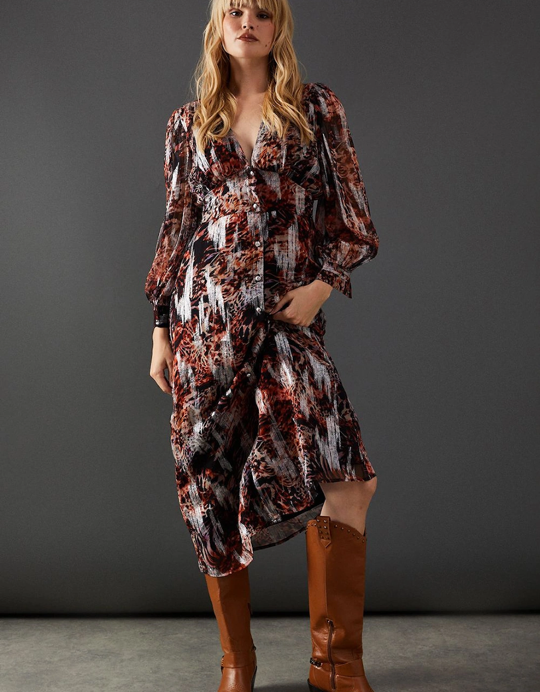 Metallic Jacquard Plunge Neck Button Through Midi Dress, 2 of 1