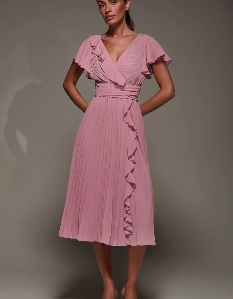 Chiffon Pleated Ruffle Midi Dress