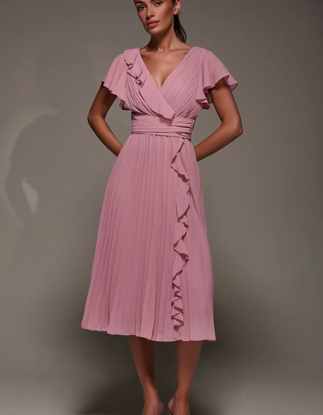 Chiffon Pleated Ruffle Midi Dress, 2 of 1