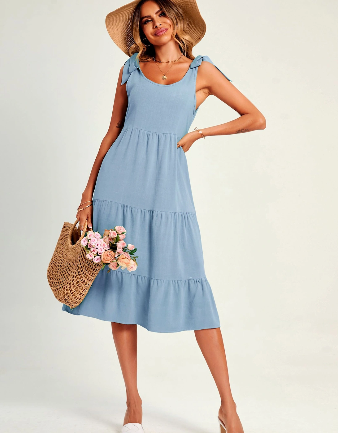Relaxed Linen Self Tie Shoulder Tiered Midi Dress In Light Blue, 2 of 1