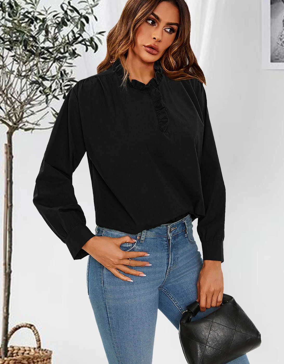 Cotton Frill High Neck Long Sleeve Blouse In Black, 2 of 1
