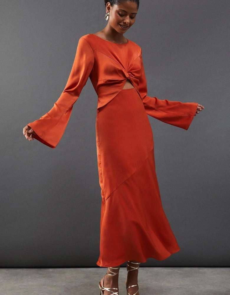 Satin Twist Front Bias Midi Dress