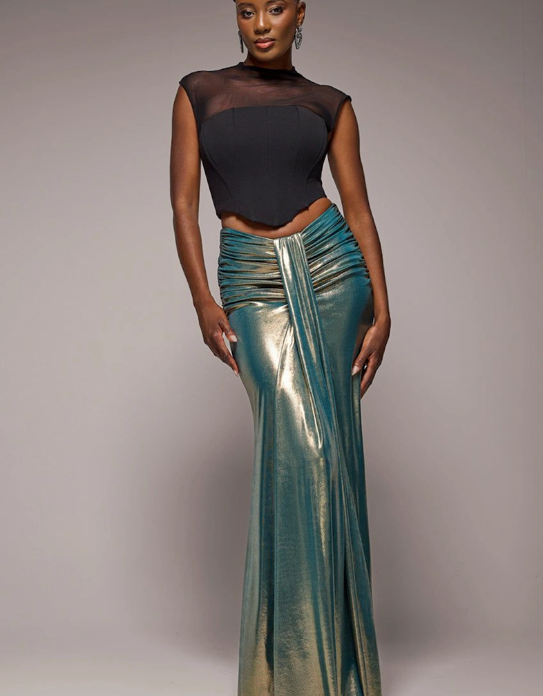 Gathered Front Dipped Waist Foil Maxi Skirt, 2 of 1