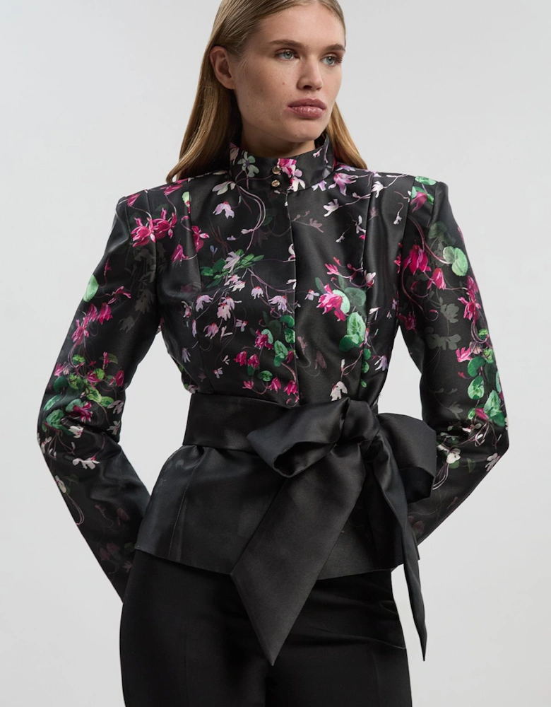 Scattered Floral Twill Tie Waist Woven Blazer