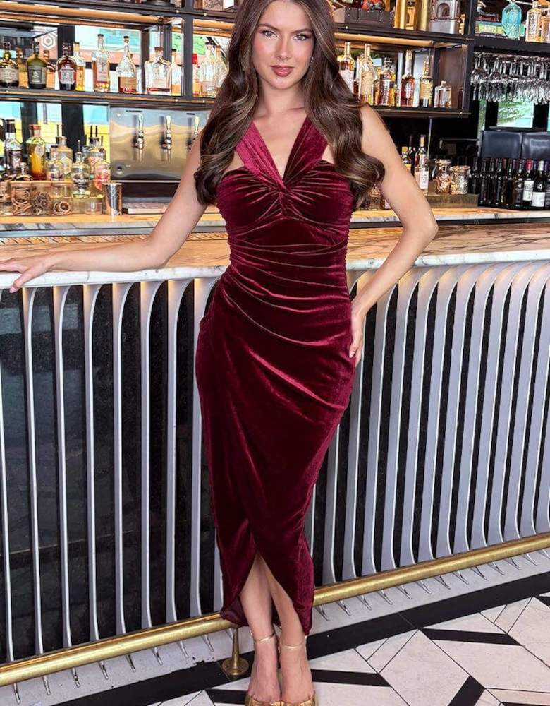 Wine Velvet Knot Detail Wrap Skirt Midi Dress