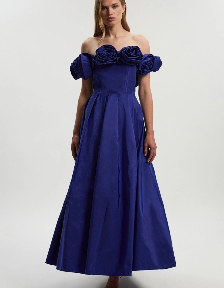 Petite Drama Taffeta Rosette Woven Maxi Prom Dress