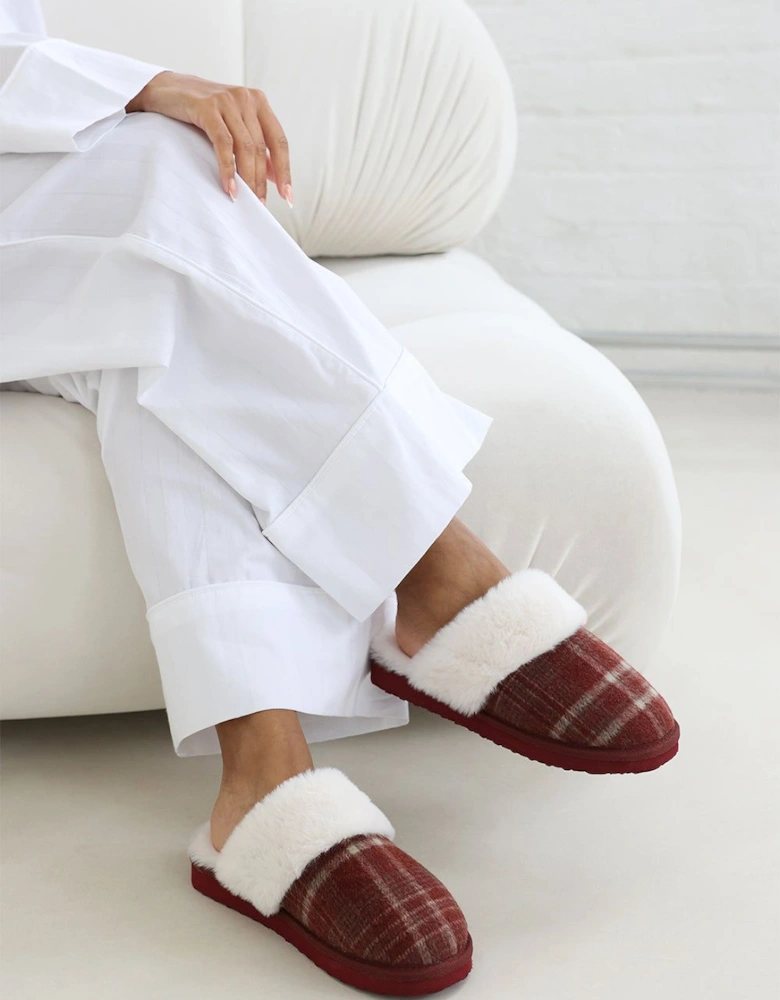 'Jemima' Tartan Mule Slippers with Faux Fur Trim