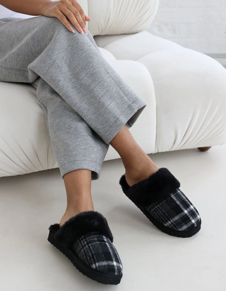 'Jemima' Tartan Mule Slippers with Faux Fur Trim