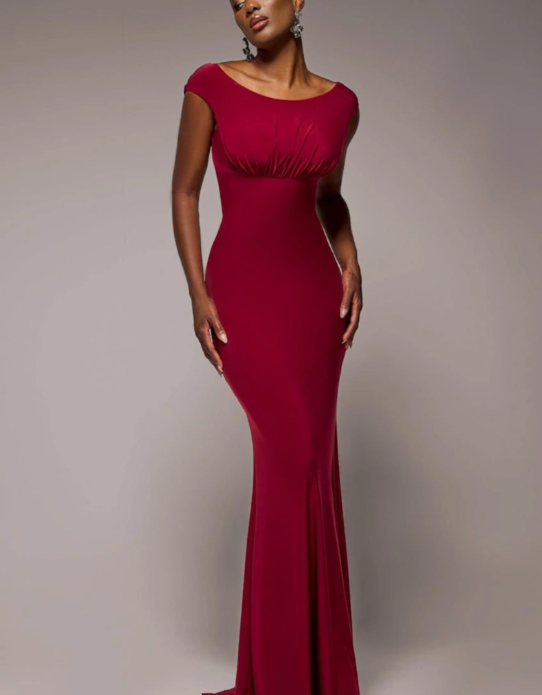 Open Back Cowl Neck Gathered Maxi Dress With Velvet Tie Back