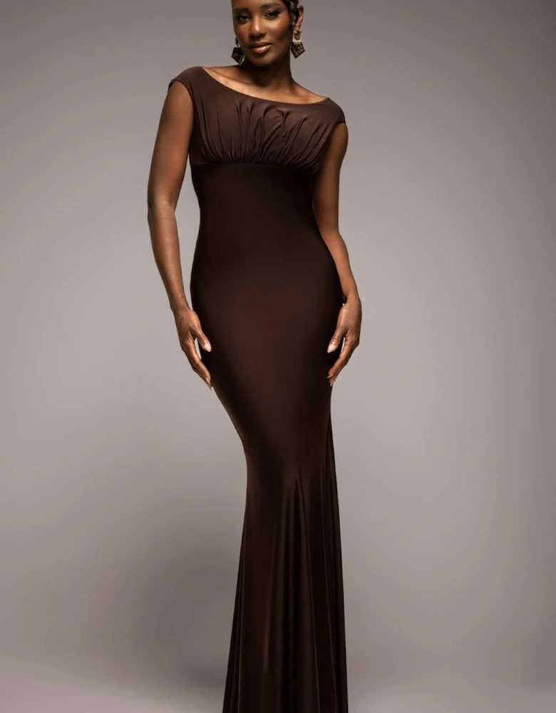 Open Back Cowl Neck Gathered Maxi Dress With Velvet Tie Back