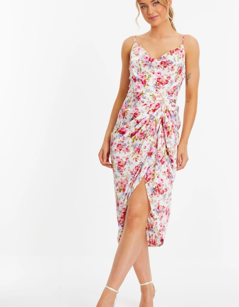Off White Floral Satin Ruched Midi Dress