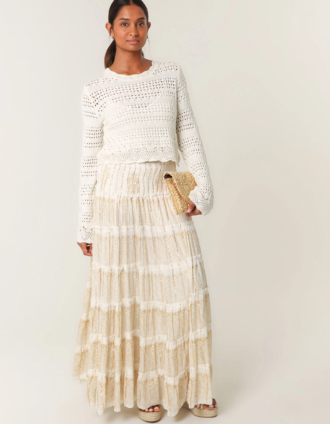 Ivory Foil Tiered Maxi Skirt, 2 of 1