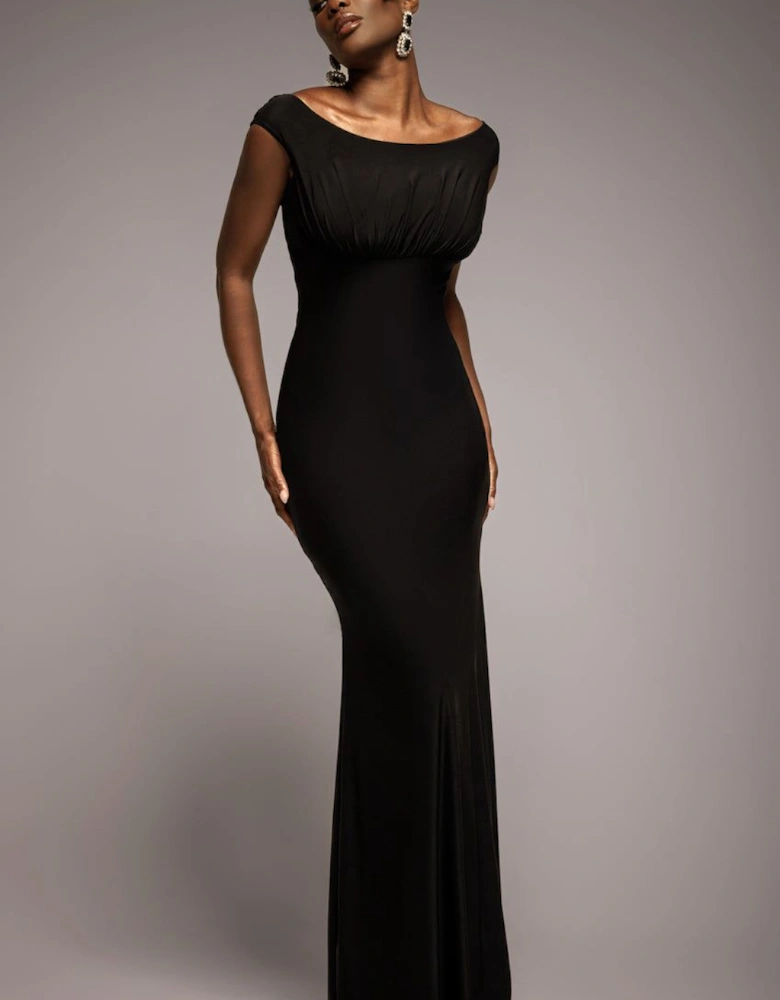 Open Back Cowl Neck Gathered Maxi Dress With Velvet Tie Back