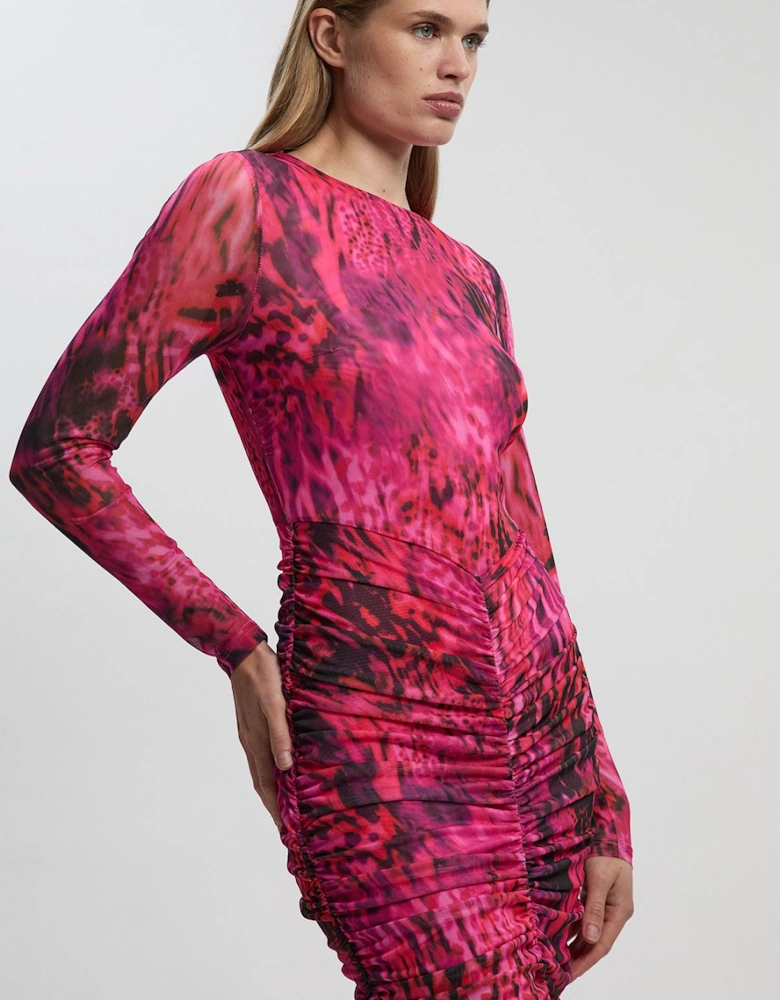 Animal Print Mesh Ruched Maxi Dress