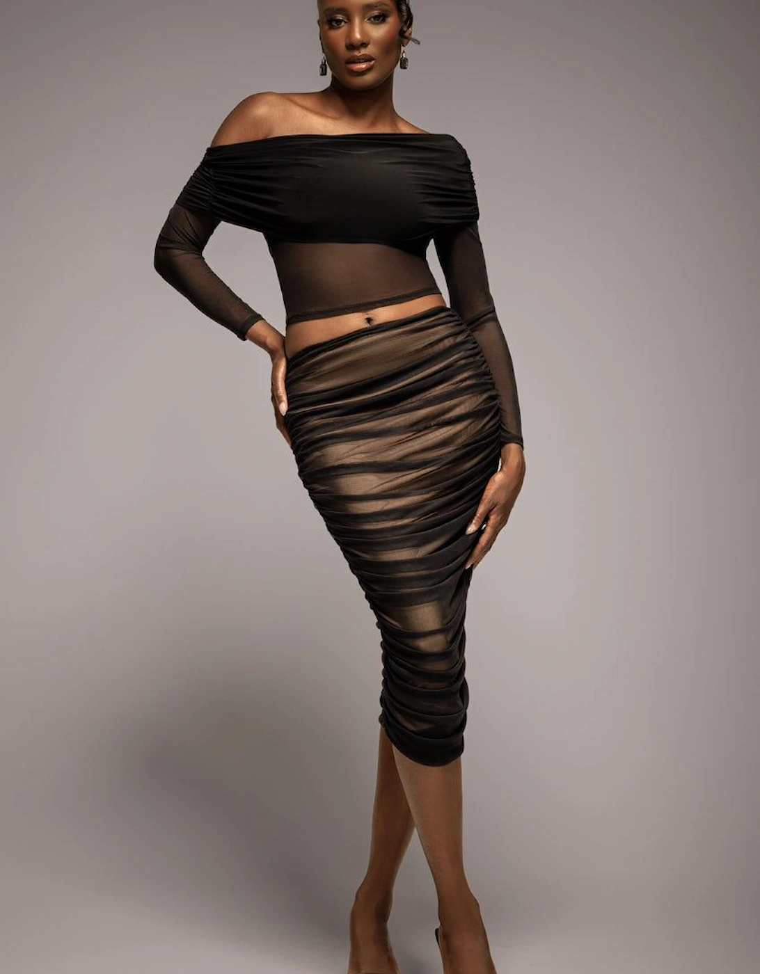 Gathered Side Mesh Midi Skirt, 2 of 1