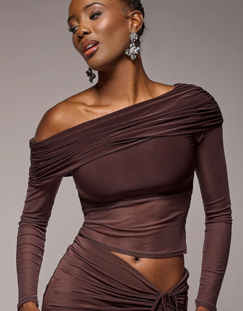 Gathered Bardot Asymmetric Mesh Panel Top