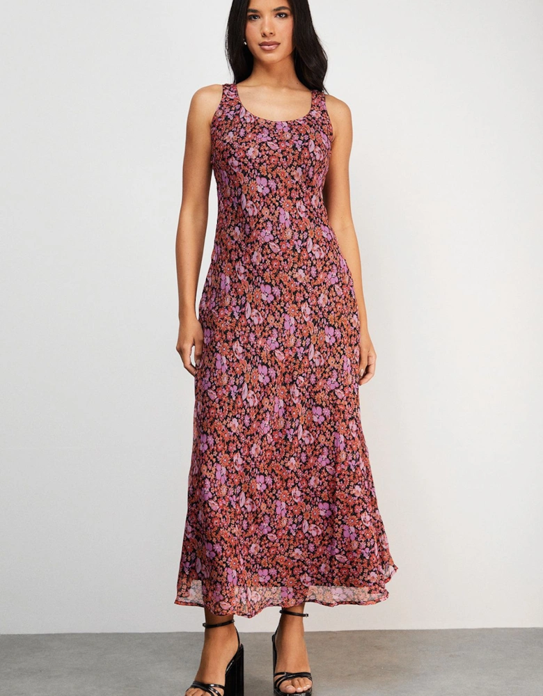 Ditsy Floral Chiffon Square Neck Bias Midi Slip Dress