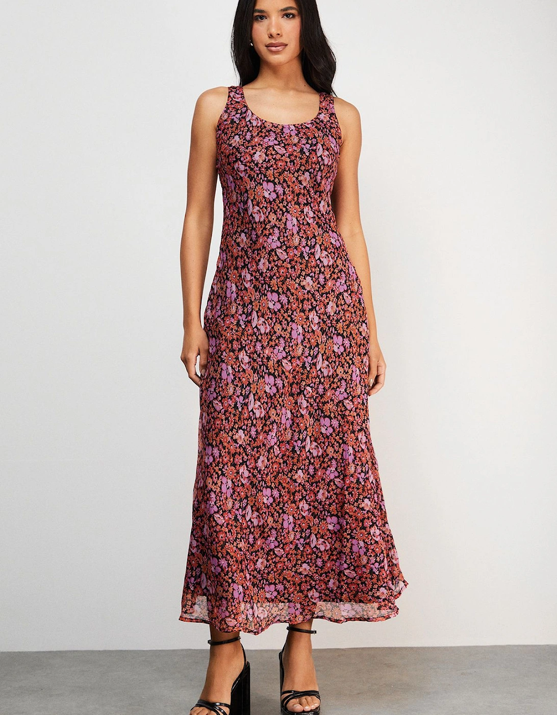 Ditsy Floral Chiffon Square Neck Bias Midi Slip Dress, 2 of 1