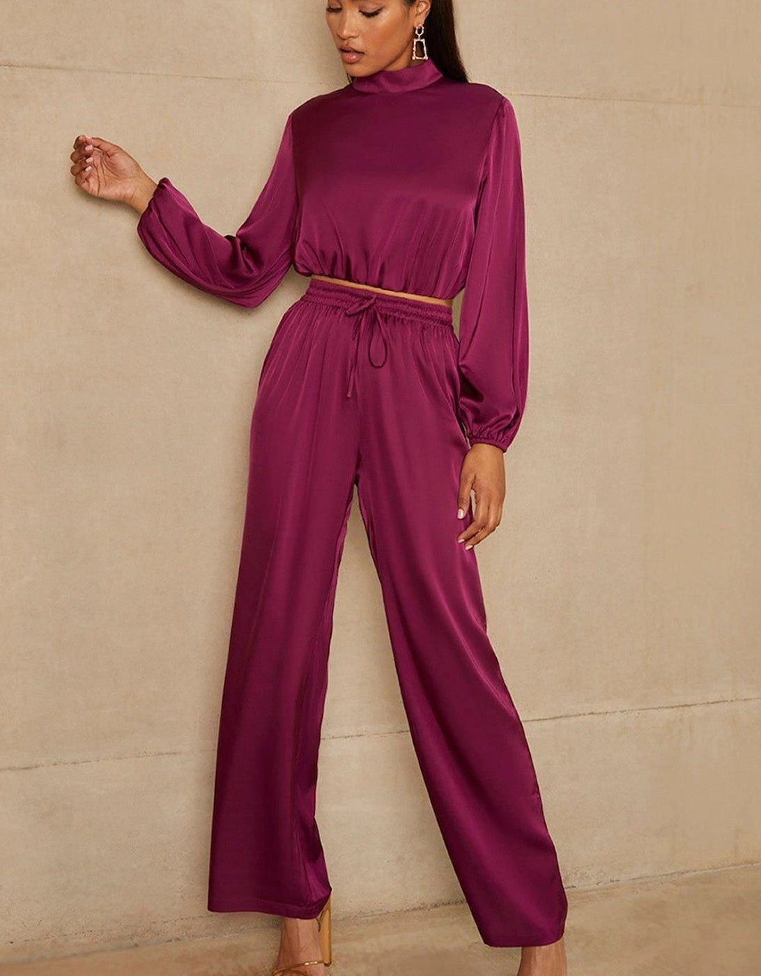 Long Sleeve High Neck Satin Top, 2 of 1