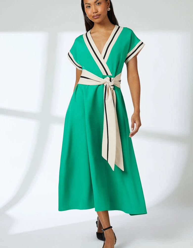 Green Piped Detail Tie Front Dress