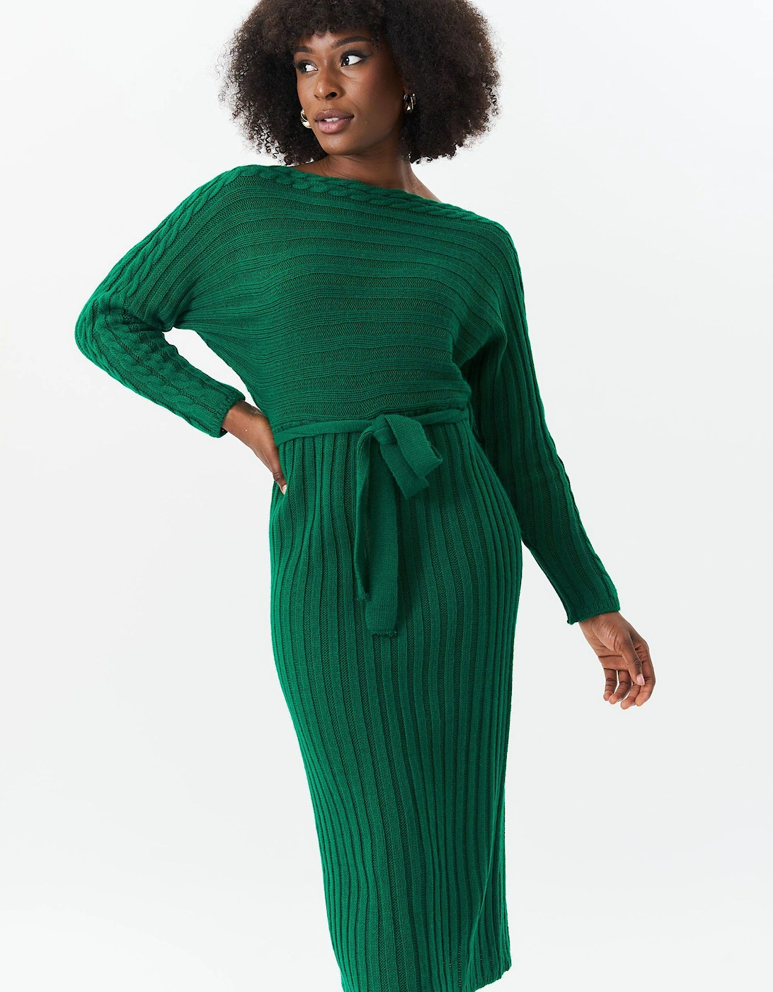 Green Bat Wing Rib Knit Belted Midi Dress, 2 of 1