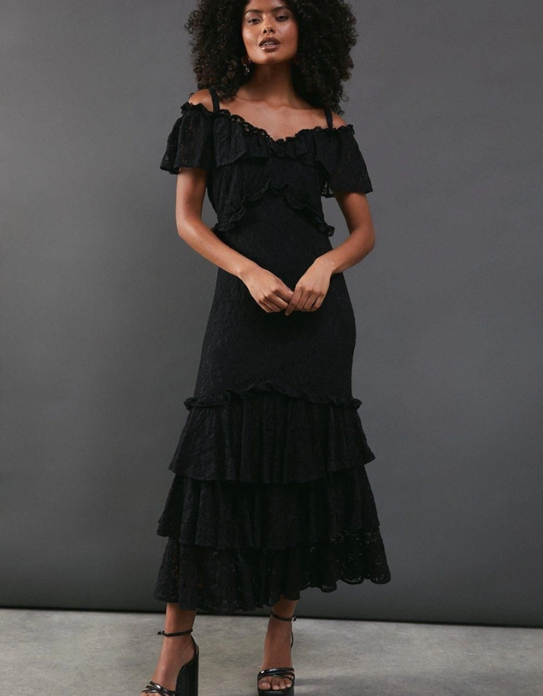 Corded Lace Ruffle Fallen Shoulder Midi Dress