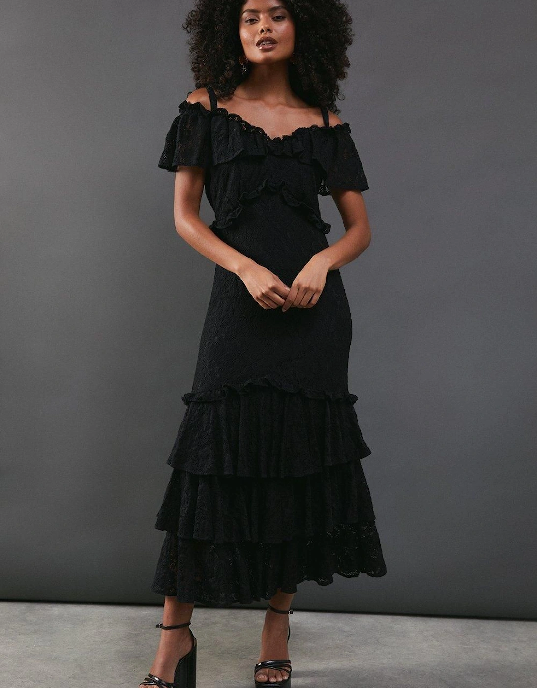 Corded Lace Ruffle Fallen Shoulder Midi Dress, 2 of 1