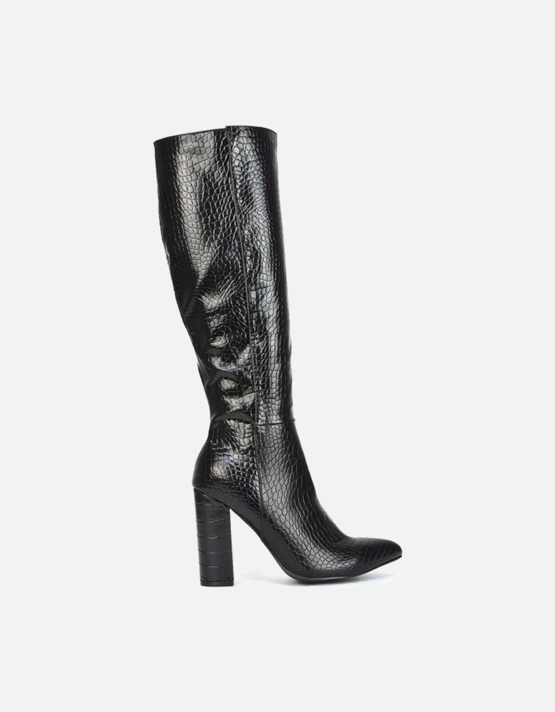 'Rhode' Pointed Toe Block High Heel Long Knee High Boots With Zip