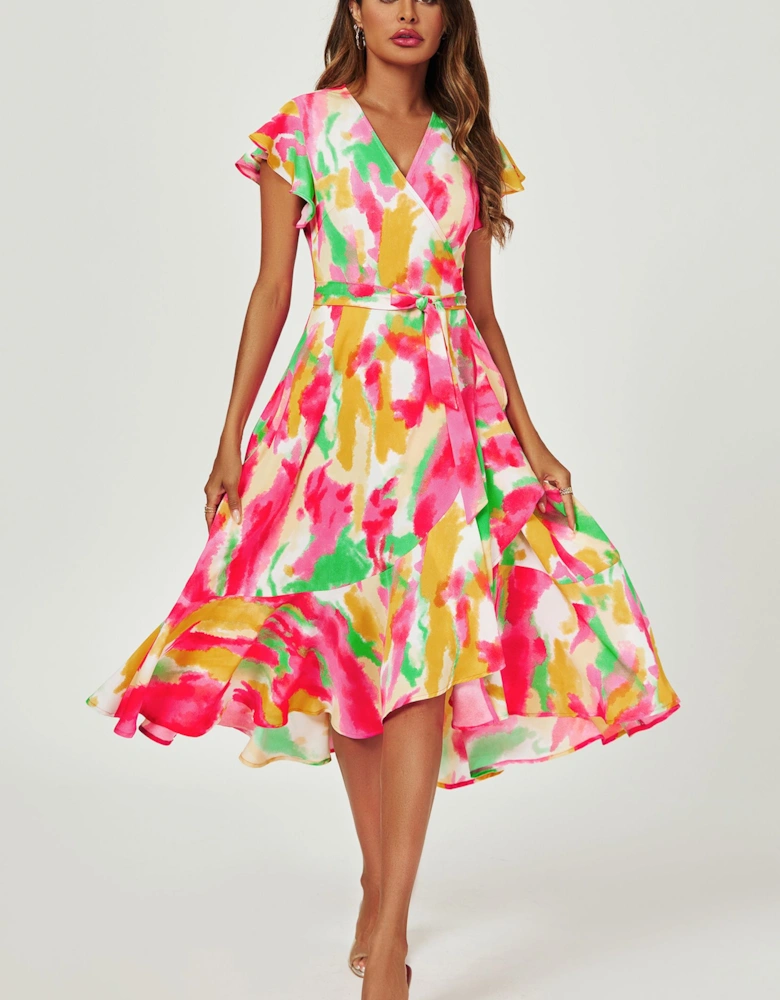Abstract Floral Print Midi Wrap Dress In Pink